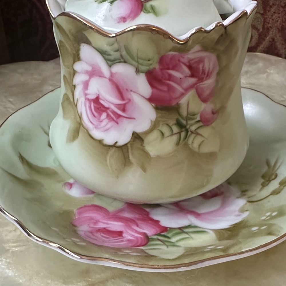 Vintage Lefton Heritage Green Rose Hand Painted Jelly Jar With Under Plate - Picture 8 of 8